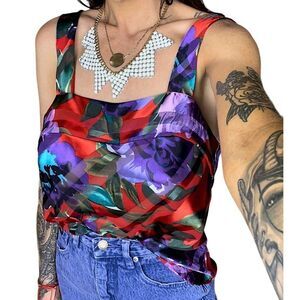 Vintage 80’s Lucie Ann sheer floral red satin lingerie camisole size 36 Medium